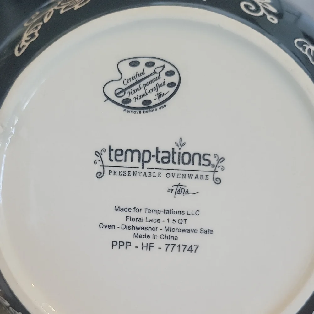 Temp-Tations by Tara | Black and White Floral Lace 1.5 Qt Bowl With Lid